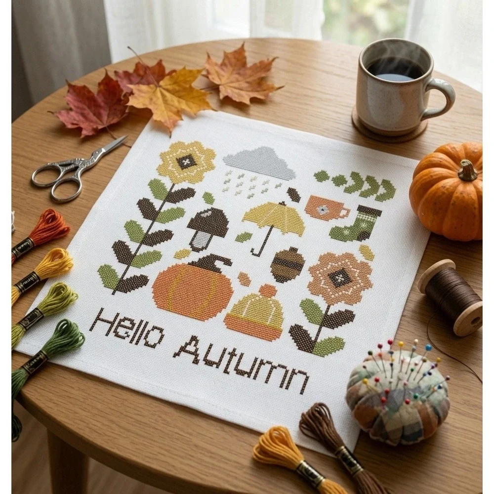 Hello Autumn Modern Cross Stitch Pattern Fall Sampler - Picture 3 of 5